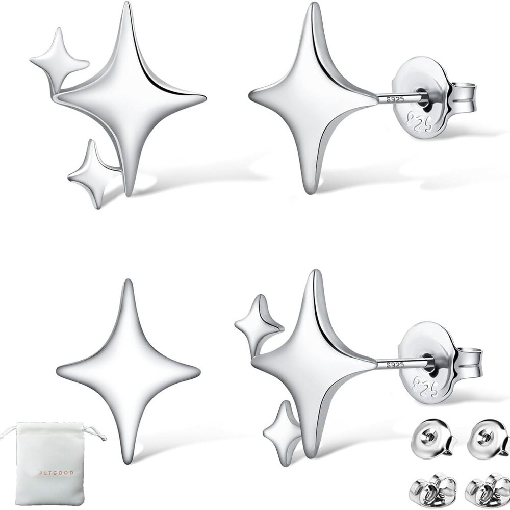 925 Sterling Silver Studs Earrings For Women 2 Pairs Star Stud Earrings Set Hypo